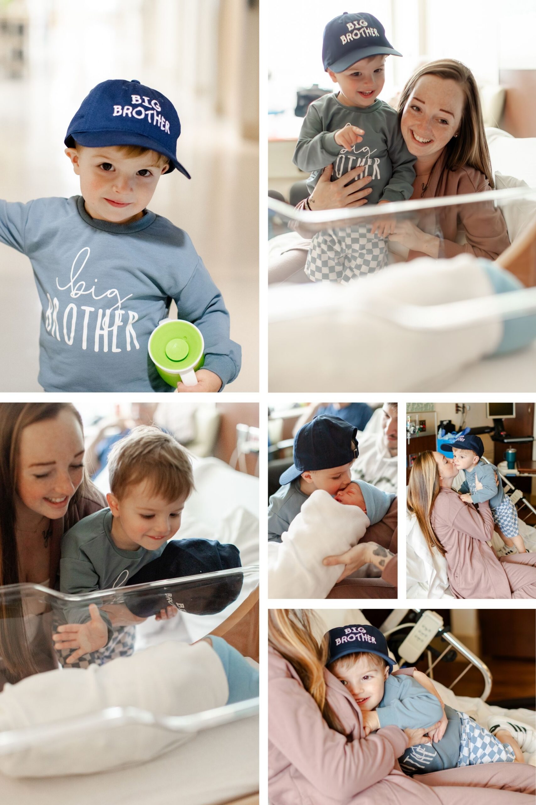 Collage of Toddler seeing mom after birth and meeting newborn brother. Wearing a blue "Big Brother" hat.