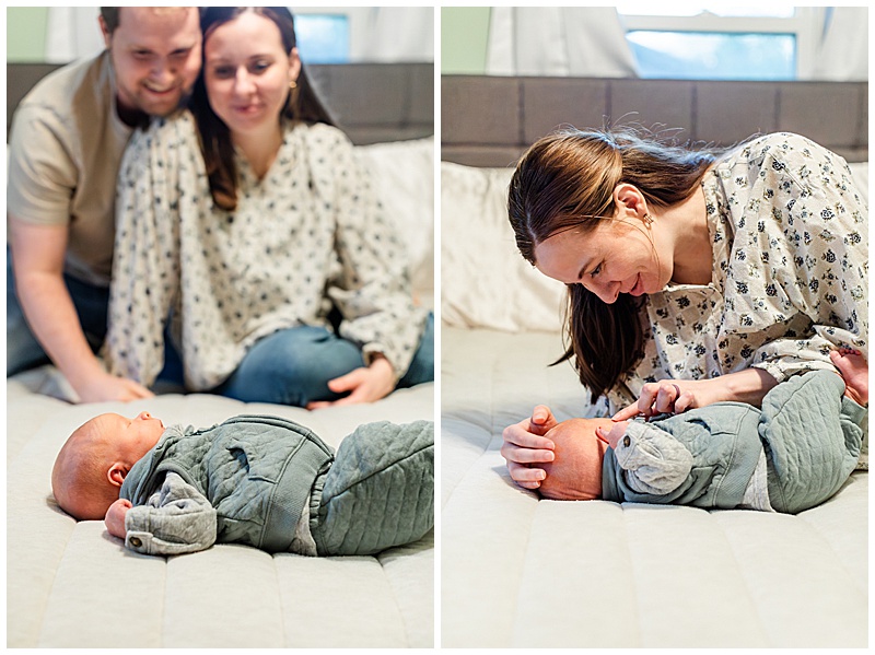 Parents looking lovingly at their newborn baby resting on the bed, followed by mother gently playing with her baby during an in-home newborn session.