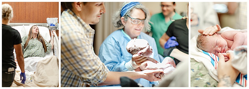 Doctor and father welcoming a newborn during childbirth as a birth photographer documents the moment